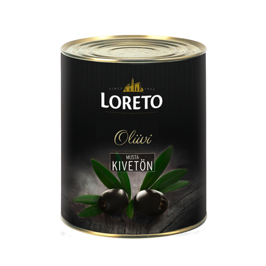 LORETO Mustad kivideta oliivid 3kg (plekkpurk)