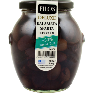 FILOS Deluxe Kalamata kivideta oliivid -50% soola 400g